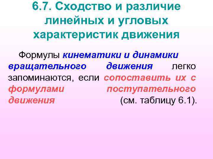 6. 7. Сходство и различие линейных и угловых характеристик движения Формулы кинематики и динамики