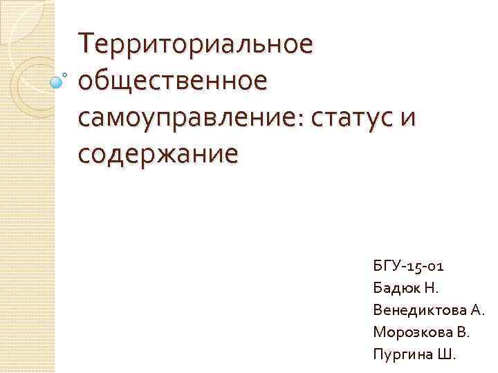 Территориальное общественное самоуправление: статус и содержание БГУ-15 -01 Бадюк Н. Венедиктова А. Морозкова В.