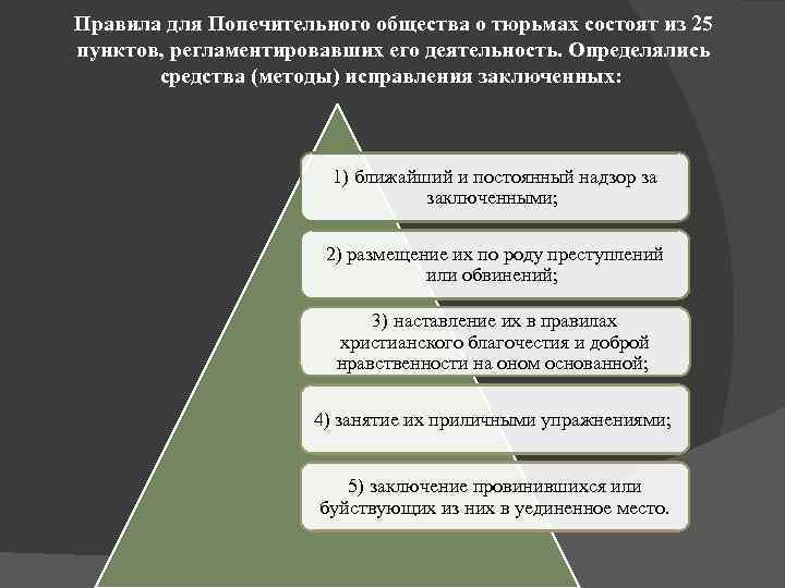 Правила для Попечительного общества о тюрьмах состоят из 25 пунктов, регламентировавших его деятельность. Определялись