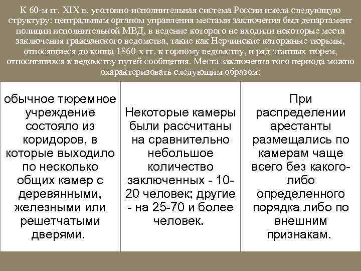 К 60 -м гг. XIX в. уголовно-исполнительная система России имела следующую структуру: центральным органом