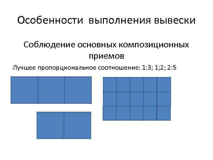 Особенности выполнения вывески Соблюдение основных композиционных приемов Лучшее пропорциональное соотношение: 1: 3; 1; 2;