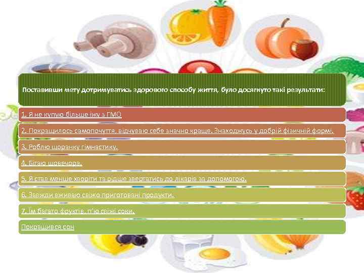 Поставивши мету дотримуватись здорового способу життя, було досягнуто такі результати: 1. Я не купую