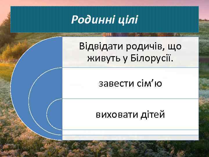 Родинні цілі Відвідати родичів, що живуть у Білорусії. завести сім’ю виховати дітей 