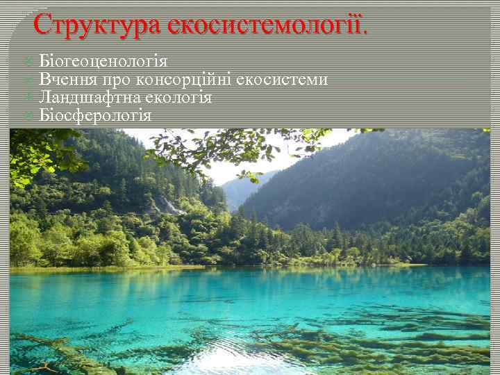 Структура екосистемології. Біогеоценологія Вчення про консорційні екосистеми Ландшафтна екологія Біосферологія 