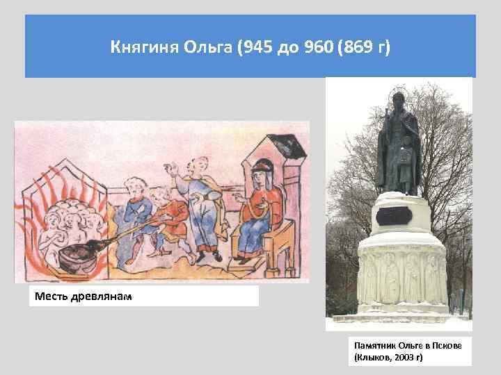 Княгиня Ольга (945 до 960 (869 г) Месть древлянам Памятник Ольге в Пскове (Клыков,