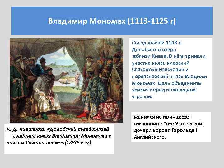 Владимир Мономах (1113 -1125 г) Съезд князей 1103 г. Долобского озера вблизи Киева. В