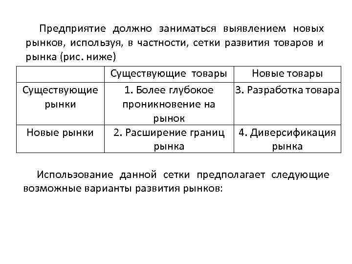 Предприятие должно заниматься выявлением новых рынков, используя, в частности, сетки развития товаров и рынка