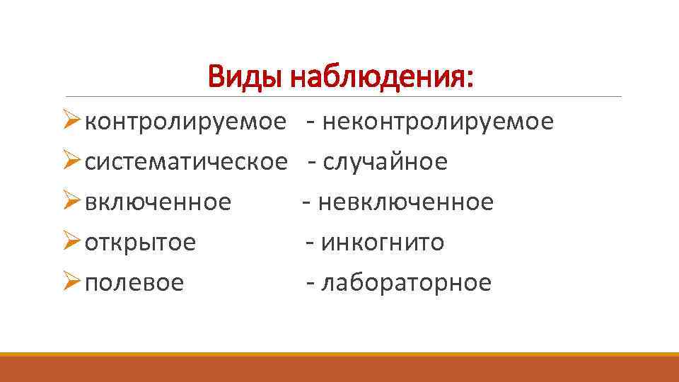 Виды наблюдения: Øконтролируемое Øсистематическое Øвключенное Øоткрытое Øполевое - неконтролируемое - случайное - невключенное -