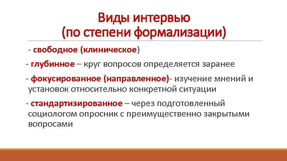 Виды интервью. Основные этапы клинического интервью. Виды клинического интервью. Виды глубинного интервью.