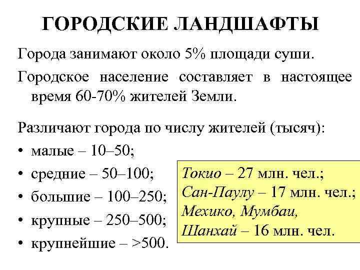 ГОРОДСКИЕ ЛАНДШАФТЫ Города занимают около 5% площади суши. Городское население составляет в настоящее время