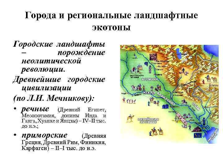 Города и региональные ландшафтные экотоны Городские ландшафты – порождение неолитической революции. Древнейшие городские цивилизации