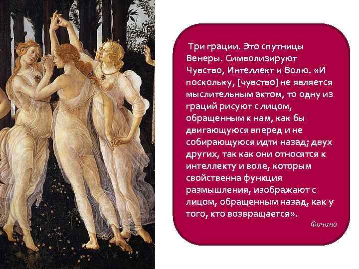  Три грации. Это спутницы Венеры. Символизируют Чувство, Интеллект и Волю. «И поскольку, [чувство]