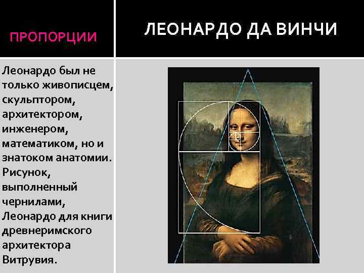 ПРОПОРЦИИ Леонардо был не только живописцем, скульптором, архитектором, инженером, математиком, но и знатоком анатомии.
