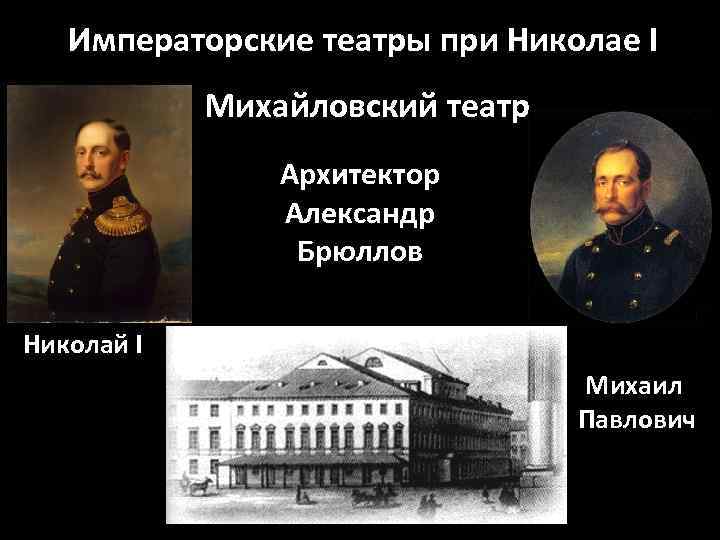 Императорские театры при Николае I Михайловский театр Архитектор Александр Брюллов Николай I Михаил Павлович.