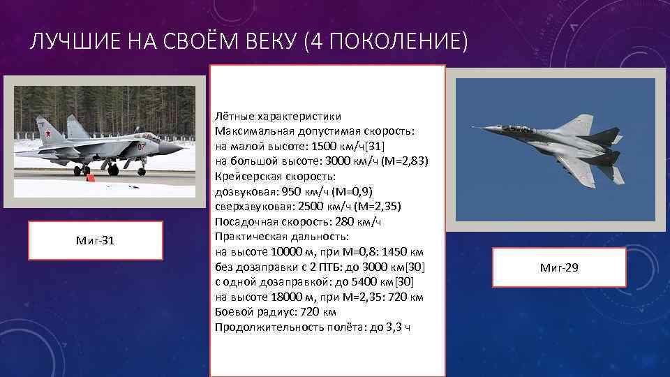 ЛУЧШИЕ НА СВОЁМ ВЕКУ (4 ПОКОЛЕНИЕ) Миг-31 Лётные характеристики Максимальная допустимая скорость: на малой