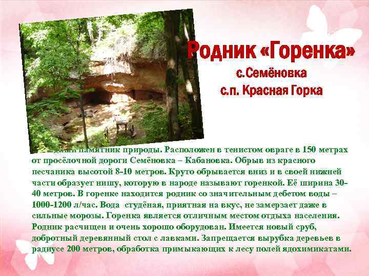 Родник «Горенка» с. Семёновка с. п. Красная Горка Водный памятник природы. Расположен в тенистом