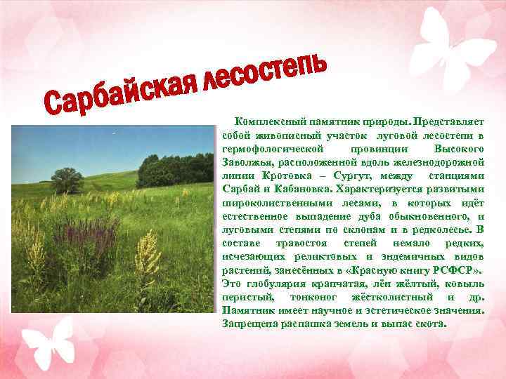 айск Сарб степь лесо ая Комплексный памятник природы. Представляет собой живописный участок луговой лесостепи