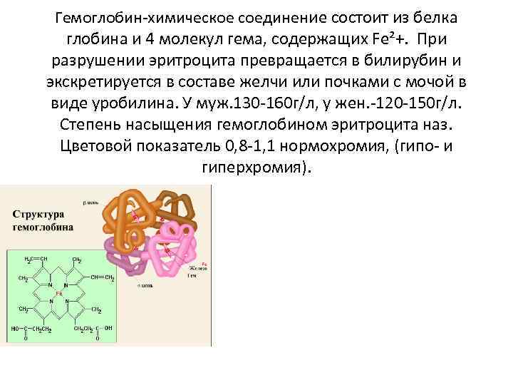 Гемоглобин химическое соединение состоит из белка глобина и 4 молекул гема, содержащих Fe²+. При