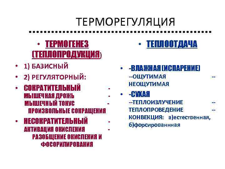ТЕРМОРЕГУЛЯЦИЯ • ТЕРМОГЕНЕЗ (ТЕПЛОПРОДУКЦИЯ) • 1) БАЗИСНЫЙ • 2) РЕГУЛЯТОРНЫЙ: • СОКРАТИТЕЛЬНЫЙ МЫШЕЧНАЯ ДРОЖЬ