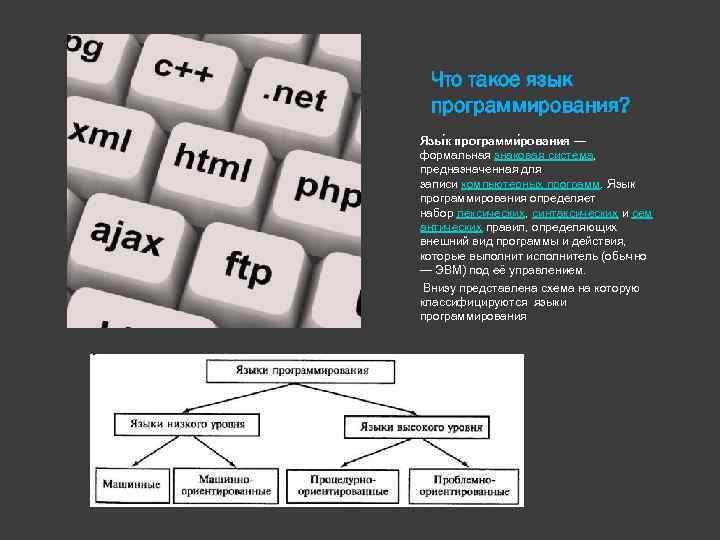 Что такое язык программирования? Язы к программи рования — формальная знаковая система, предназначенная для