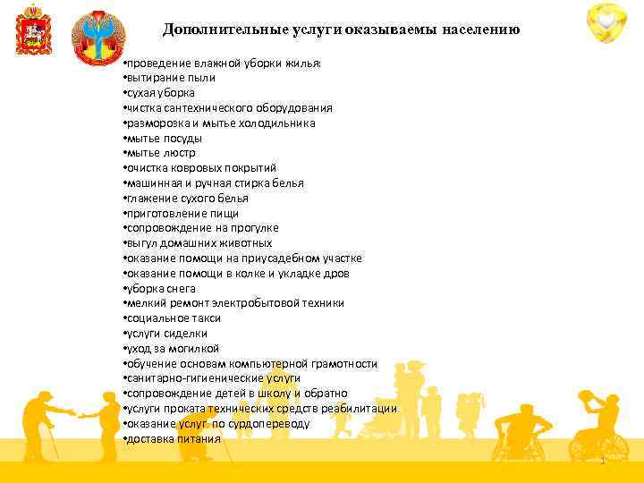 Дополнительные услуги оказываемы населению • проведение влажной уборки жилья: • вытирание пыли • сухая