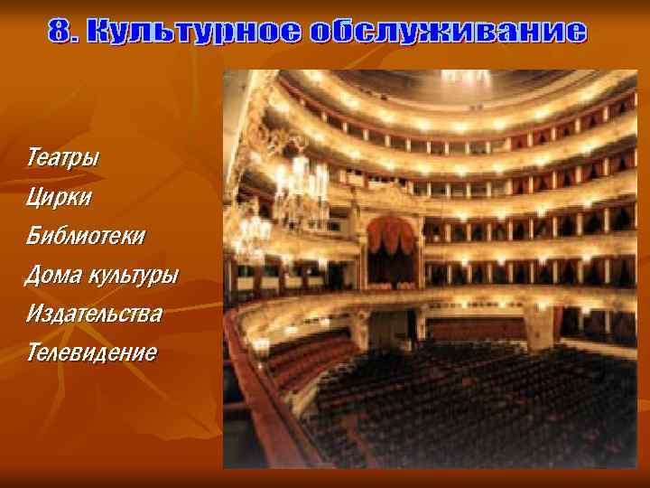 Театры Цирки Библиотеки Дома культуры Издательства Телевидение 