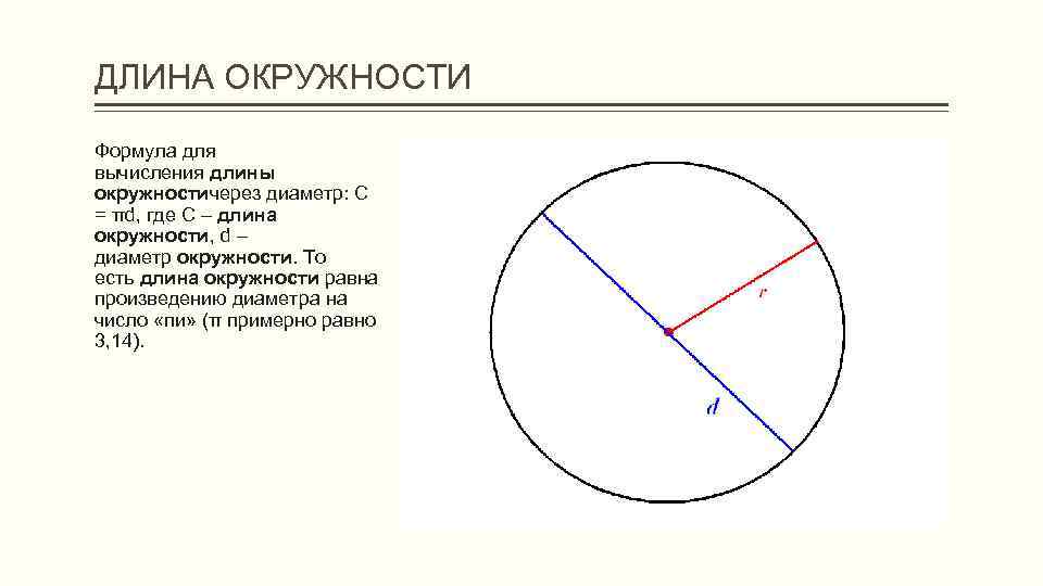 ДЛИНА ОКРУЖНОСТИ Формула для вычисления длины окружностичерез диаметр: C = πd, где C –