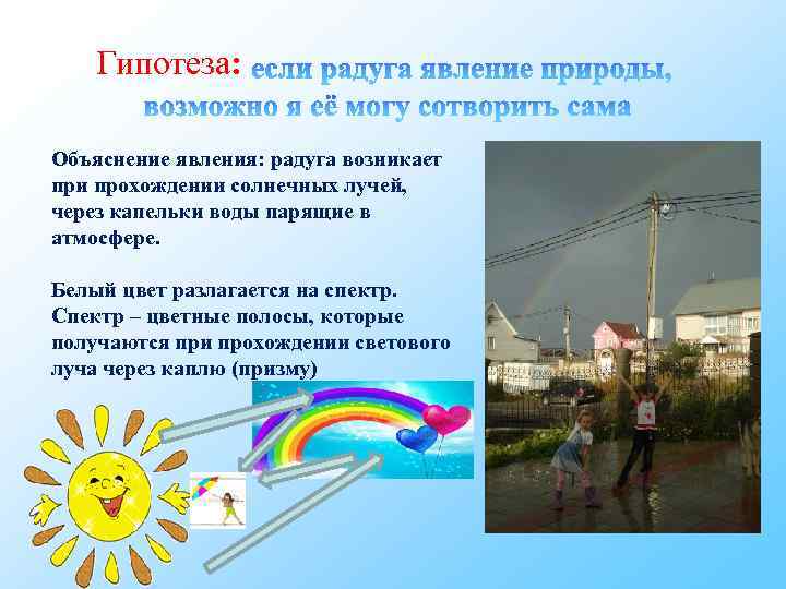 Гипотеза: Объяснение явления: радуга возникает при прохождении солнечных лучей, через капельки воды парящие в
