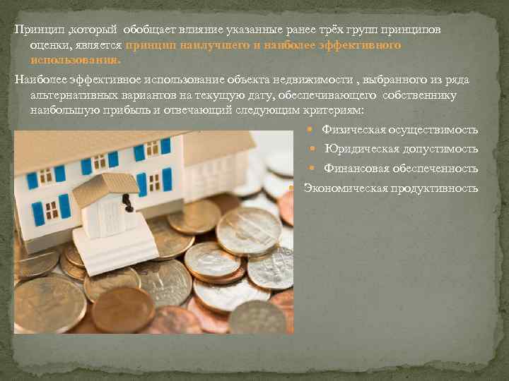 Принцип , который обобщает влияние указанные ранее трёх групп принципов оценки, является принцип наилучшего