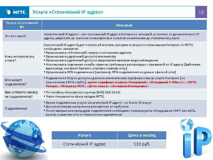 Услуга «Статический IP адрес» Услуга «Статический IP» 12 Описание Что это такое? «Статический IP