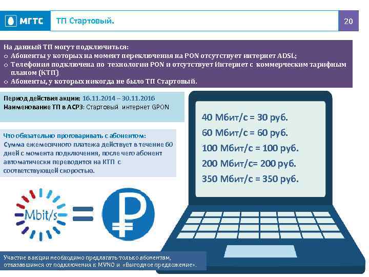 ТП Стартовый. 20 На данный ТП могут подключиться: o Абоненты у которых на момент