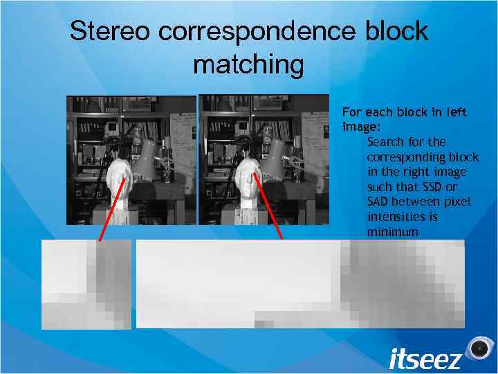 Stereo correspondence block matching For each block in left image: Search for the corresponding