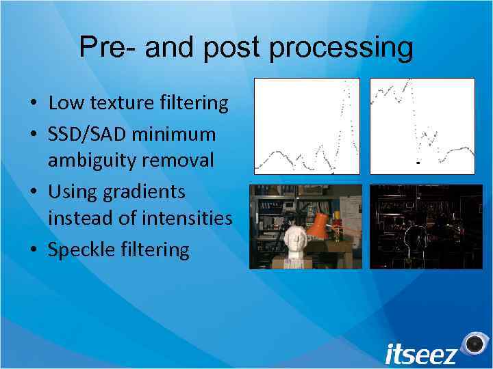 Pre- and post processing • Low texture filtering • SSD/SAD minimum ambiguity removal •