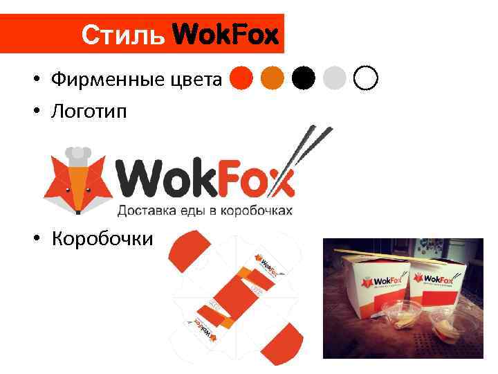 Стиль Wok. Fox • Фирменные цвета • Логотип • Коробочки 