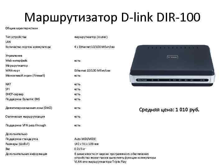 Маршрутизатор D-link DIR-100 Общие характеристики Тип устройства маршрутизатор (router) LAN Количество портов коммутатора 4