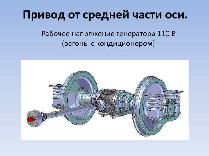  Привод от средней части оси. Рабочее напряжение генератора 110 В (вагоны с кондиционером)