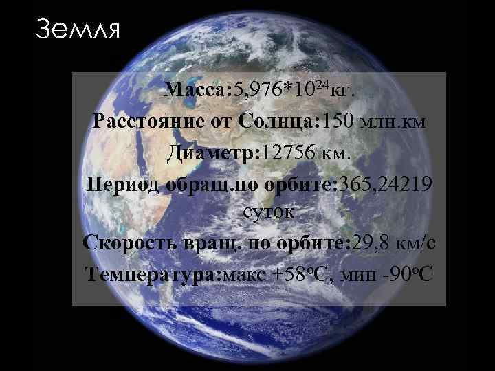 Земля Macca: 5, 976*1024 кг. Расстояние от Cолнца: 150 млн. км Диаметр: 12756 км.