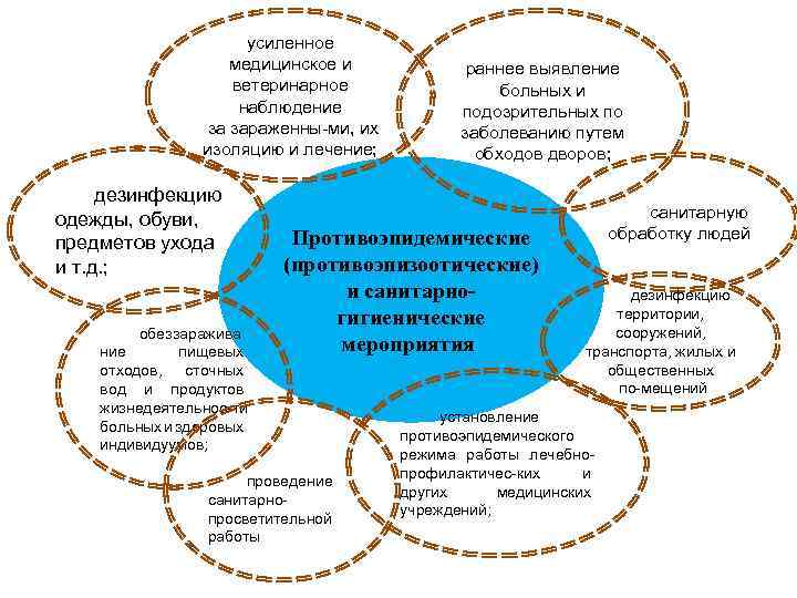 усиленное медицинское и ветеринарное наблюдение за зараженны ми, их изоляцию и лечение; дезинфекцию одежды,