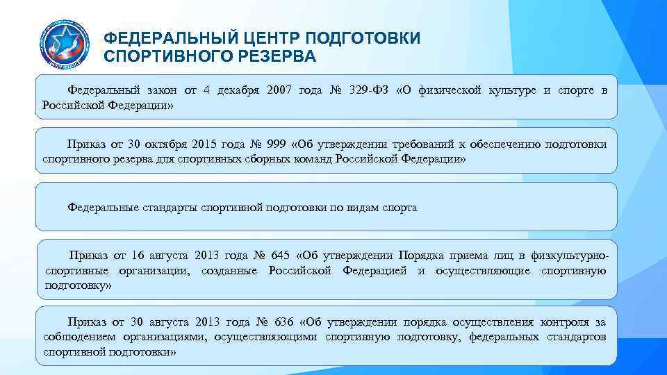 ФЕДЕРАЛЬНЫЙ ЦЕНТР ПОДГОТОВКИ СПОРТИВНОГО РЕЗЕРВА Федеральный закон от 4 декабря 2007 года № 329