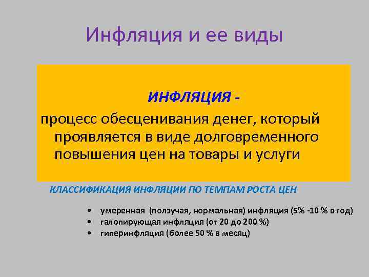 Инфляция и ее виды ИНФЛЯЦИЯ процесс обесценивания денег, который проявляется в виде долговременного повышения