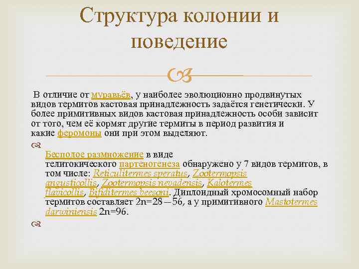 Структура колонии и поведение В отличие от муравьёв, у наиболее эволюционно продвинутых видов термитов