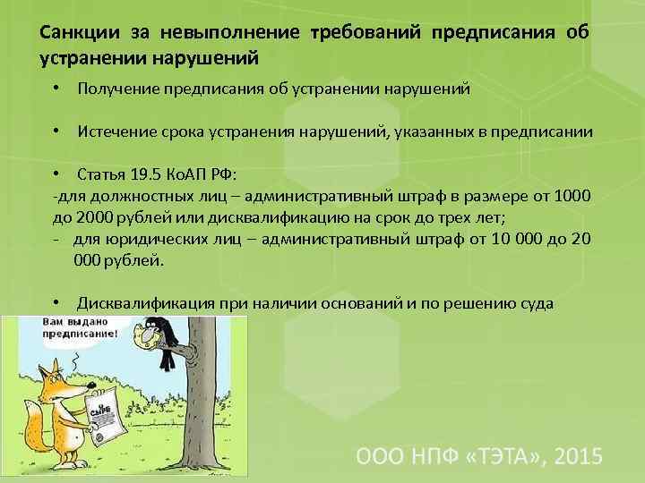 Санкции за невыполнение требований предписания об устранении нарушений • Получение предписания об устранении нарушений