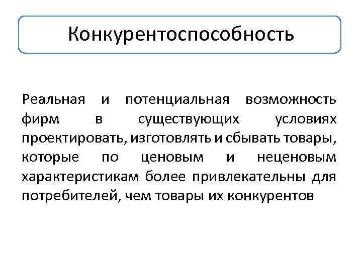 Конкурентоспособность Реальная и потенциальная возможность фирм в существующих условиях проектировать, изготовлять и сбывать товары,