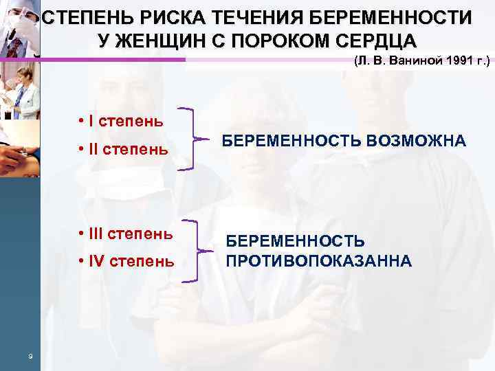 СТЕПЕНЬ РИСКА ТЕЧЕНИЯ БЕРЕМЕННОСТИ У ЖЕНЩИН С ПОРОКОМ СЕРДЦА (Л. В. Ваниной 1991 г.