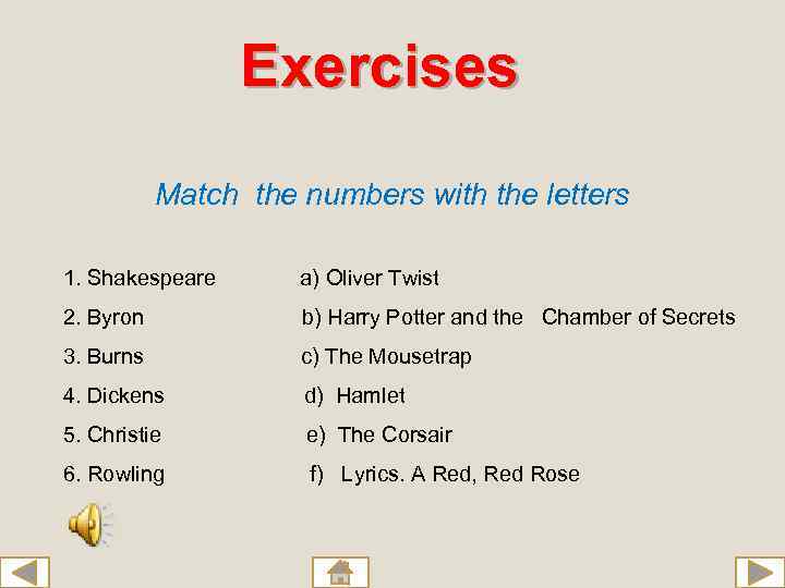Exercises Match the numbers with the letters 1. Shakespeare a) Oliver Twist 2. Byron