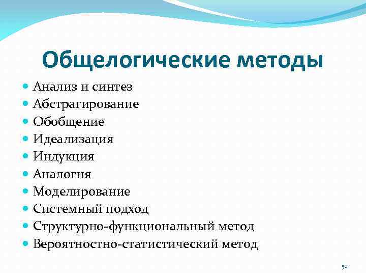 Общелогические методы Анализ и синтез Абстрагирование Обобщение Идеализация Индукция Аналогия Моделирование Системный подход Структурно‐функциональный