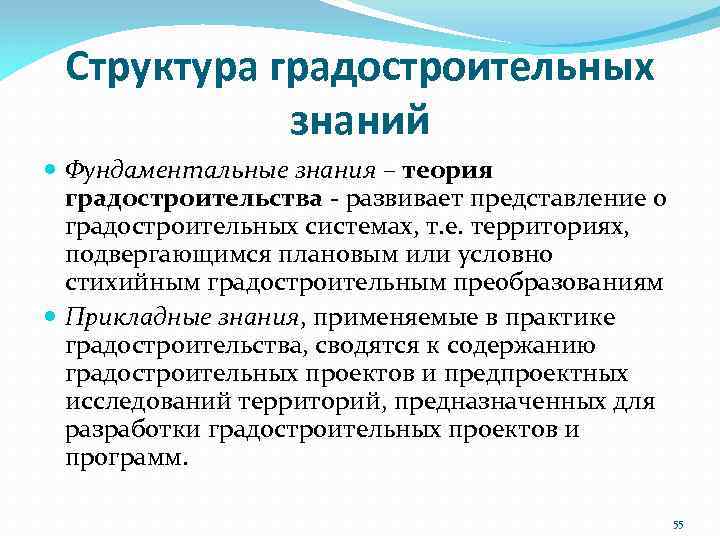 Структура градостроительных знаний Фундаментальные знания – теория градостроительства ‐ развивает представление о градостроительных системах,