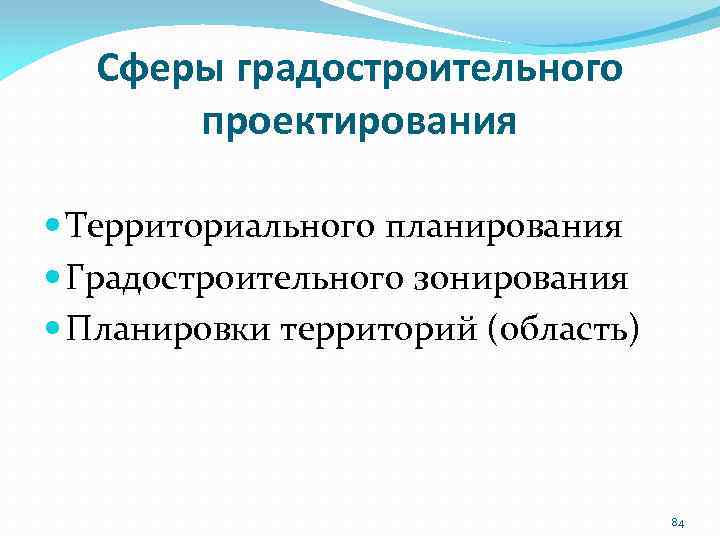 Сферы градостроительного проектирования Территориального планирования Градостроительного зонирования Планировки территорий (область) 84 