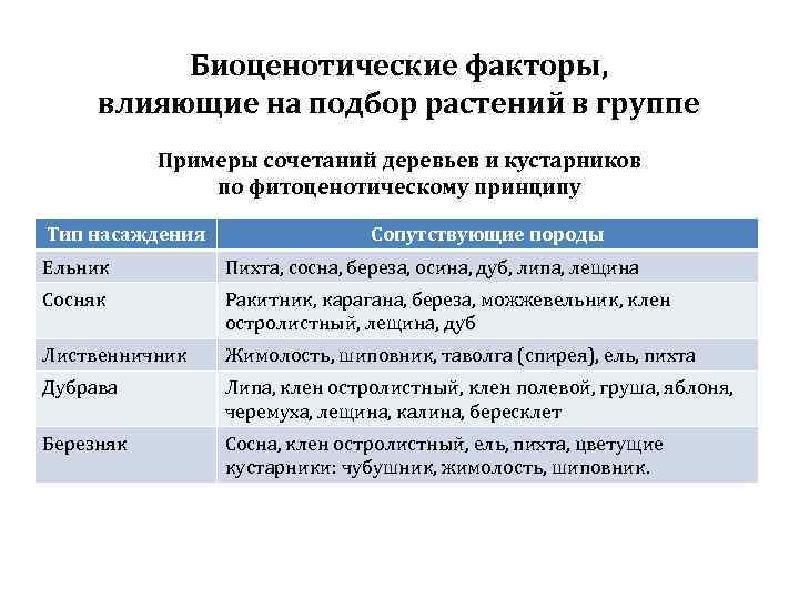 Биоценотические факторы, влияющие на подбор растений в группе Примеры сочетаний деревьев и кустарников по