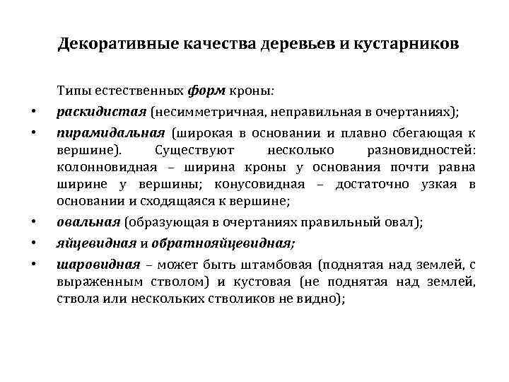 Декоративные качества деревьев и кустарников Типы естественных форм кроны: • • • раскидистая (несимметричная,